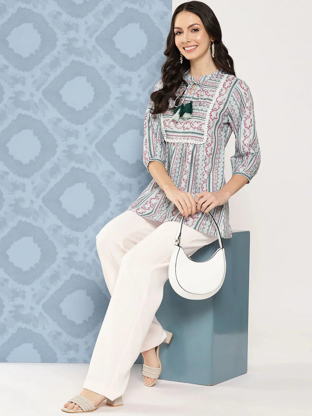 Yufta Green and pink Print Mandarin Collar Ethnic Linen Top | Grocsy