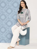 Yufta Green and pink Print Mandarin Collar Ethnic Linen Top | Grocsy