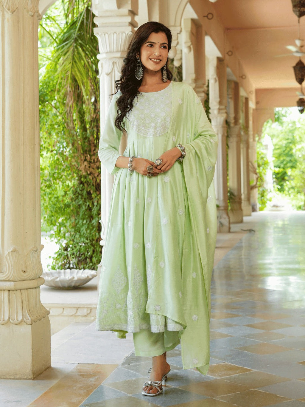 Yufta Green embroidered Fit and flare Kurta Trouser And Dupatta Set | Grocsy