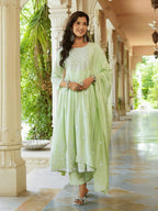 Yufta Green embroidered Fit and flare Kurta Trouser And Dupatta Set | Grocsy