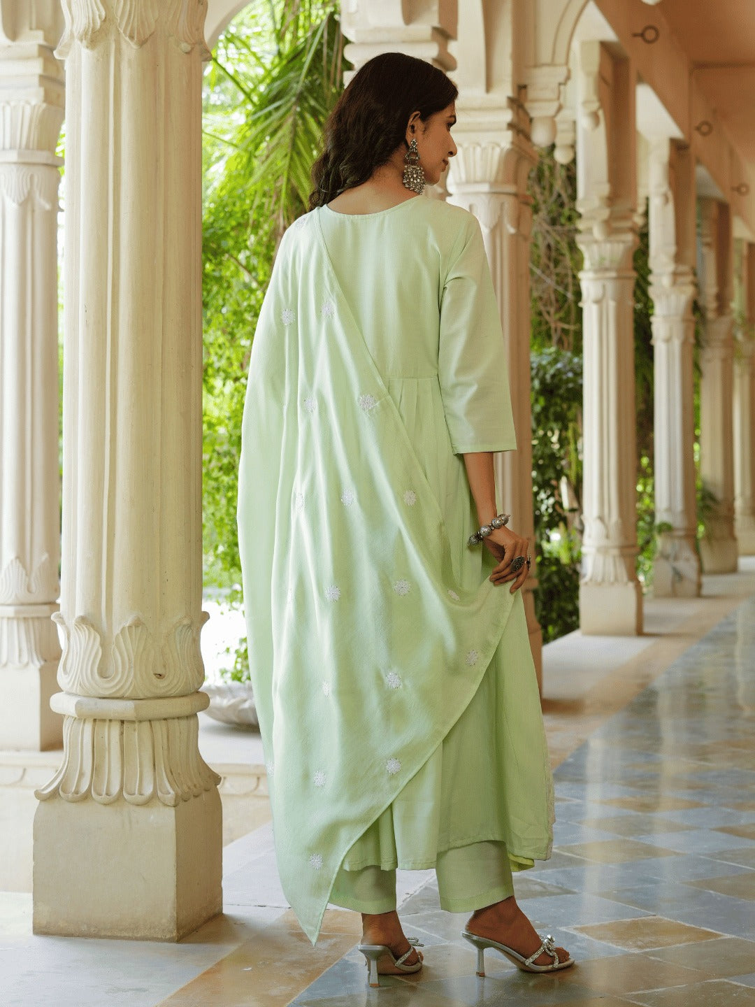 Yufta Green embroidered Fit and flare Kurta Trouser And Dupatta Set | Grocsy