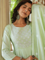 Yufta Green embroidered Fit and flare Kurta Trouser And Dupatta Set | Grocsy