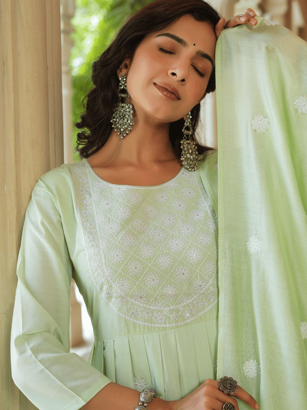 Yufta Green embroidered Fit and flare Kurta Trouser And Dupatta Set | Grocsy