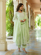 Yufta Green embroidered Fit and flare Kurta Trouser And Dupatta Set | Grocsy