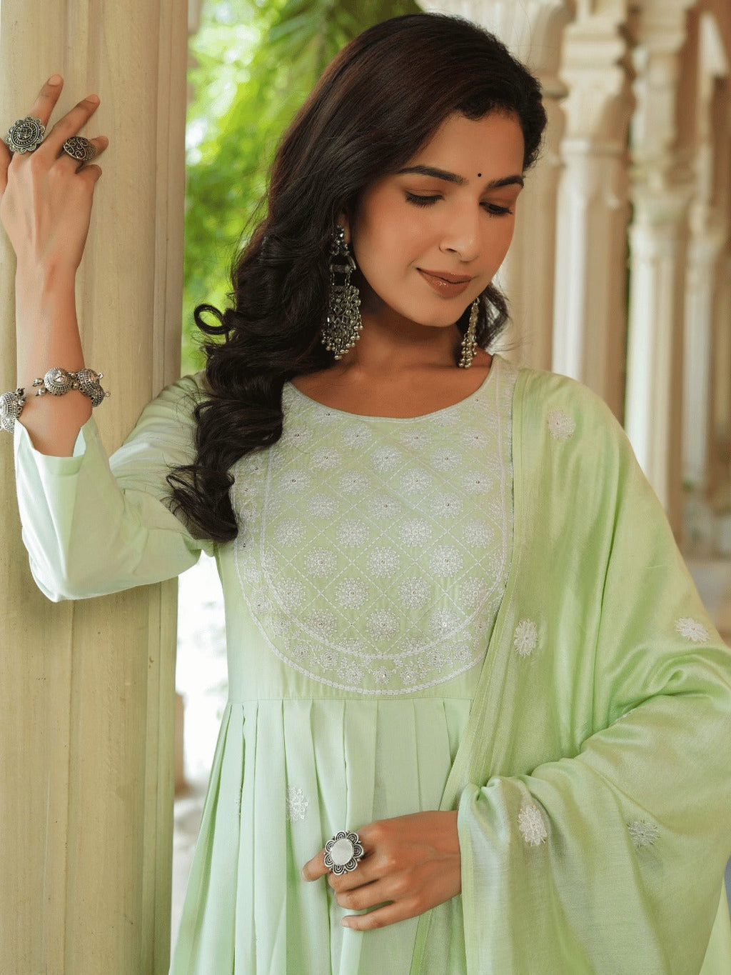 Yufta Green embroidered Fit and flare Kurta Trouser And Dupatta Set | Grocsy
