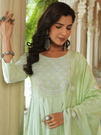 Yufta Green embroidered Fit and flare Kurta Trouser And Dupatta Set | Grocsy