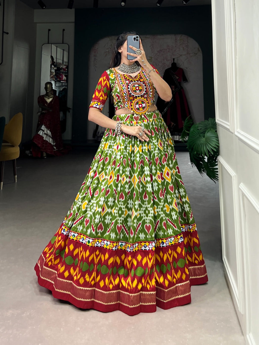 Lorenvalley Green Tussar Silk Patola Print With Foil Work And Original Mirror Gamthi Lace Lehenga Choli with Dupatta | Grocsy