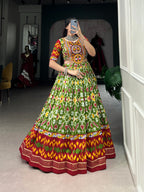Lorenvalley Green Tussar Silk Patola Print With Foil Work And Original Mirror Gamthi Lace Lehenga Choli with Dupatta | Grocsy