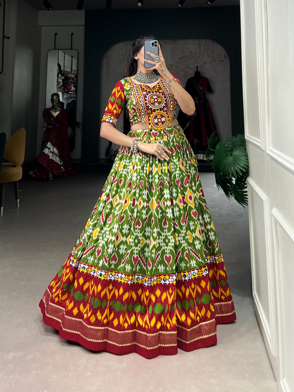 Lorenvalley Green Tussar Silk Patola Print With Foil Work And Original Mirror Gamthi Lace Lehenga Choli with Dupatta | Grocsy