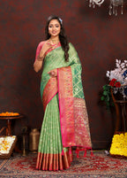 Lorenvalley Fashion Green Organza Silk Woven Design with Rich Meenakari Weaving Pallu Saree | Grocsy