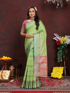 Lorenvalley Fashion Green Soft Katan Silk Woven Design Zari Weaving Pallu Saree | Grocsy