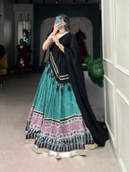 Lorenvalley Green Rayon with Bandhej And Ajarakh Print With Embossed Design Gota Lace Touch up Lehenga Choli | Grocsy