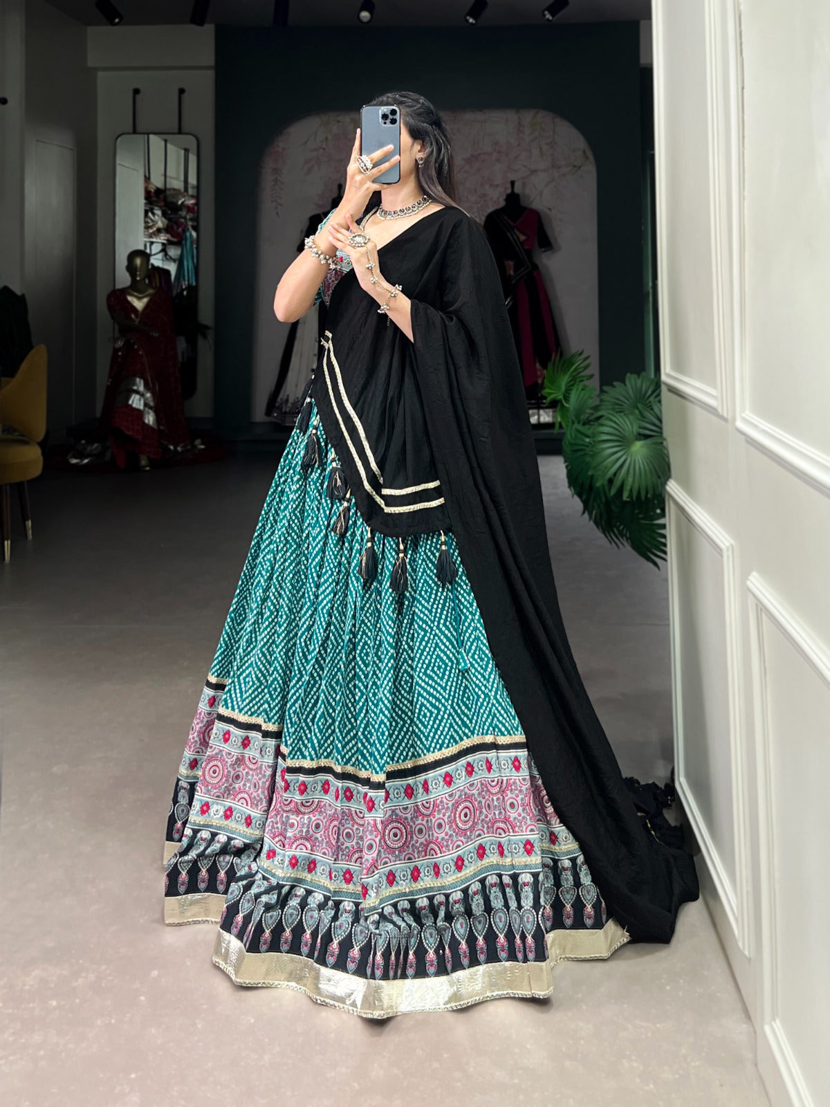 Lorenvalley Green Rayon with Bandhej And Ajarakh Print With Embossed Design Gota Lace Touch up Lehenga Choli | Grocsy