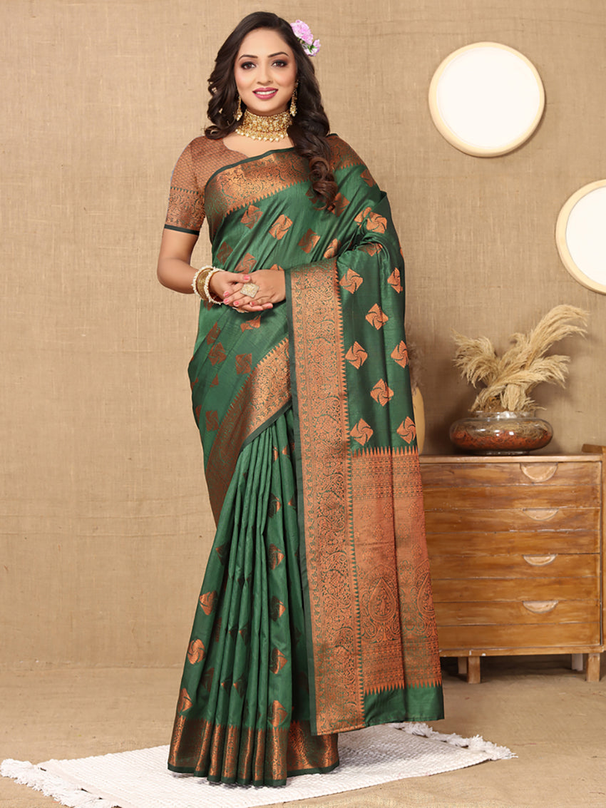 Lorenvalley Fashion Green Soft Katan Silk Woven Design Copper Zari Weaving Saree | Grocsy