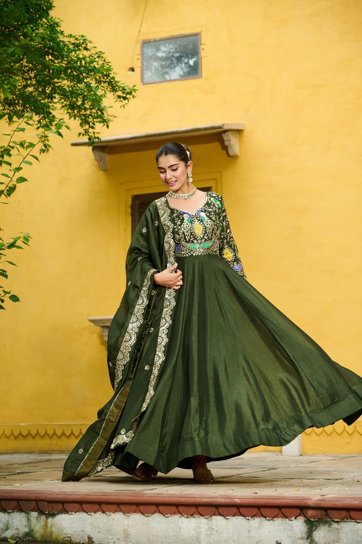 Lorenvalley Fashion Green Vichitra Silk with Multi Thread & Embroidered work Anarkali Gown with Dupatta | Grocsy