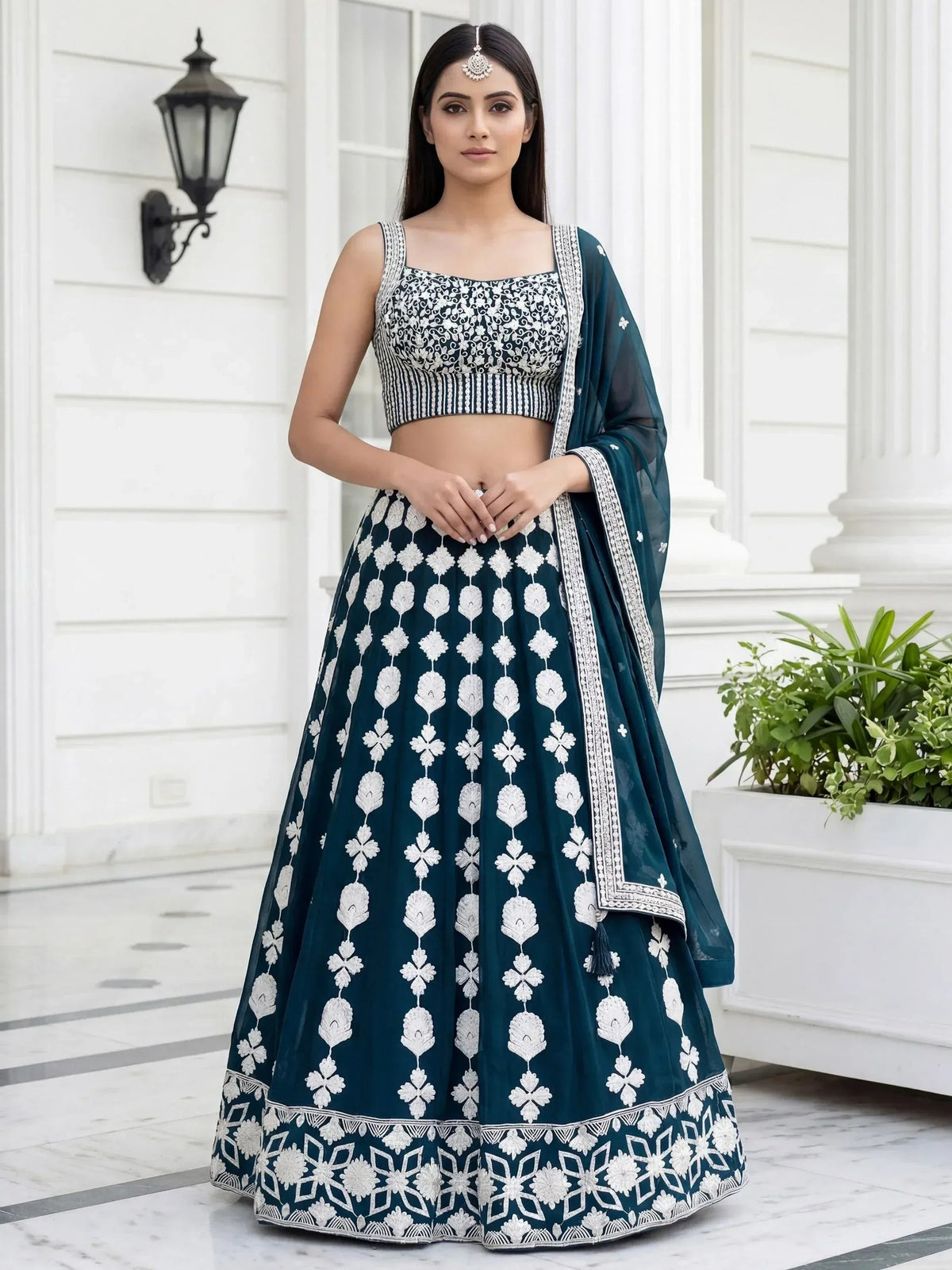 Tulsi Art Attractive Green Thread Embroidered Georgette Party Wear Lehenga Choli | Grocsy