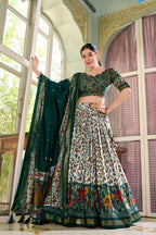 Lorenvalley Green Tussar Silk Floral Print with Foil Print Lehenga Choli with Dupatta | Grocsy