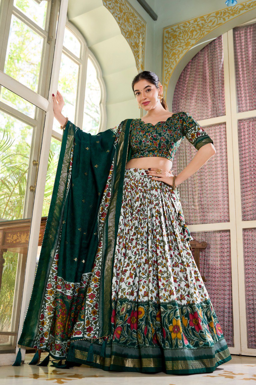 Lorenvalley Green Tussar Silk Floral Print with Foil Print Lehenga Choli with Dupatta | Grocsy