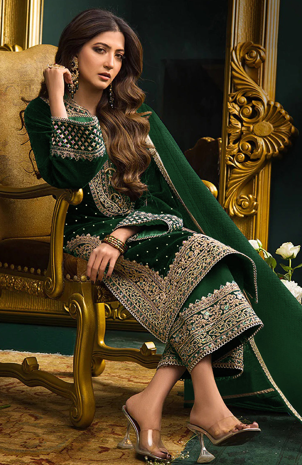 Lorenvalley Fashion Women Green Velvet Embroidered Salwar Suit Material | Grocsy