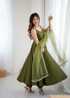 Lorenvalley Fashion Green Pure Romansilk Chanderi Fabric Yoke Fancy Lace Work Anarkali Kurta Pant With Dupatta Set | Grocsy