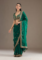 Lorenvalley Fashion Green Fendy Satin with Embroidery Double Sequence Work Saree with Blouse | Grocsy