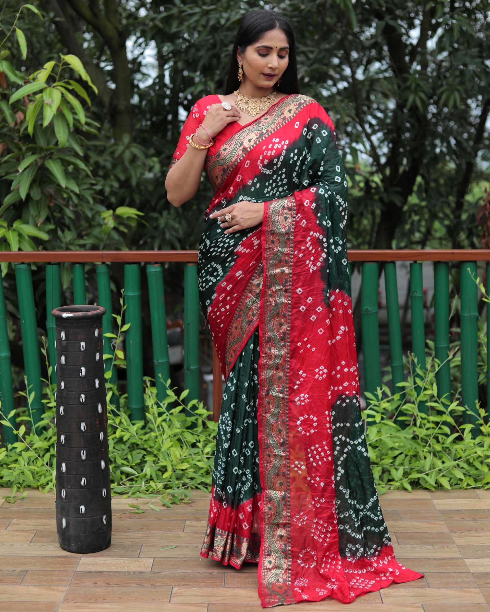 Lorenvalley Premium Pure Bandhej Tapeta Soft light weight silk saree with zari weaving Border - Multicolor | Grocsy