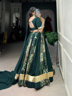 Lorenvalley Green Rayon and Tussar Silk Plain And Printed With Embossed Design Gota Lace Lehenga Choli with Dupatta | Grocsy