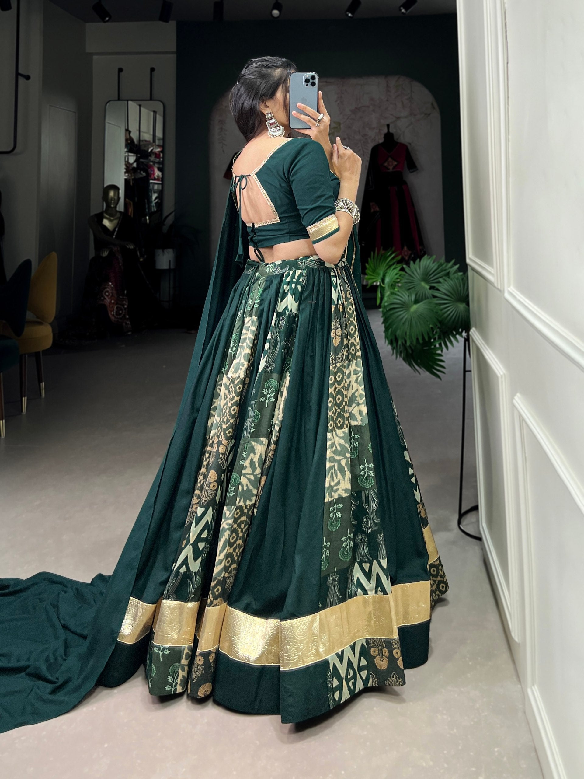 Lorenvalley Green Rayon and Tussar Silk Plain And Printed With Embossed Design Gota Lace Lehenga Choli with Dupatta | Grocsy