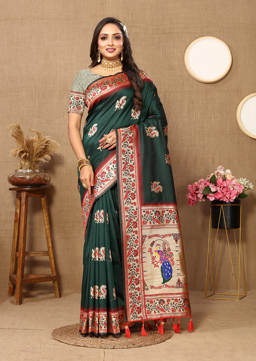 Lorenvalley Fashion Green Soft Paithani Silk Woven Design Rich Meenakari Zari Weaving Pallu Saree | Grocsy