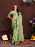 Lorenvalley Fashion Green Soft Katan Silk Woven Design Zari Weaving Pallu Saree | Grocsy