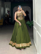 Lorenvalley Green Pure Rayon Plain With Embossed Design Lace Touch Up Lehenga Choli | Grocsy