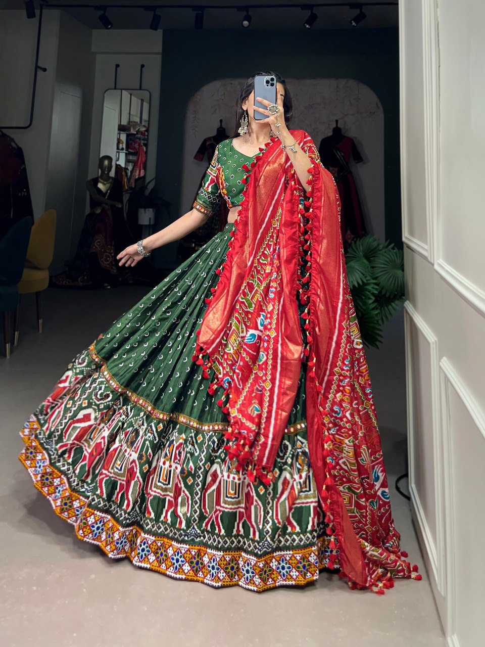 Lorenvalley Dola Silk Green Patola Print With Gamthi Work Lace Border Lehenga Choli with Dupatta | Grocsy