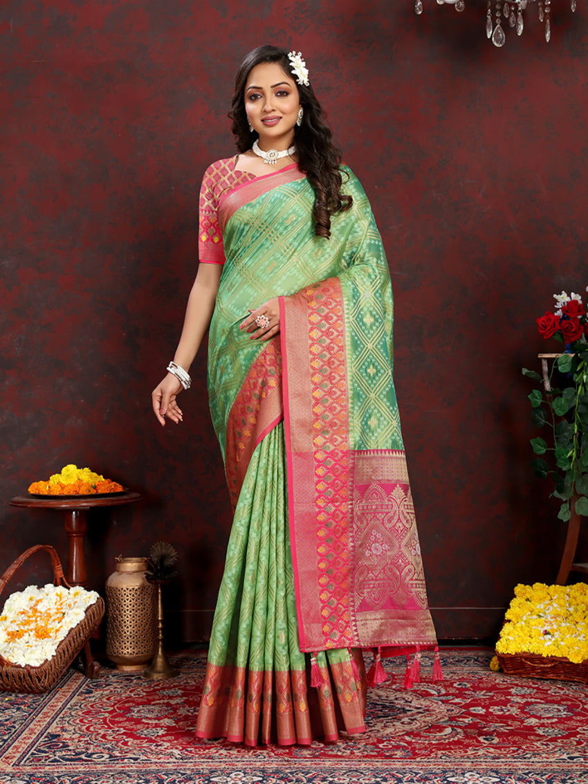 Lorenvalley Fashion Green Organza Silk Woven Design with Rich Meenakari Weaving Pallu Saree | Grocsy