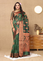 Lorenvalley Fashion Green Soft Katan Silk Woven Design Copper Zari Weaving Saree | Grocsy