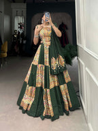 Lorenvalley Green Pure Cotton Plain And Printed With Foil Work Lehenga Choli with Dupatta | Grocsy