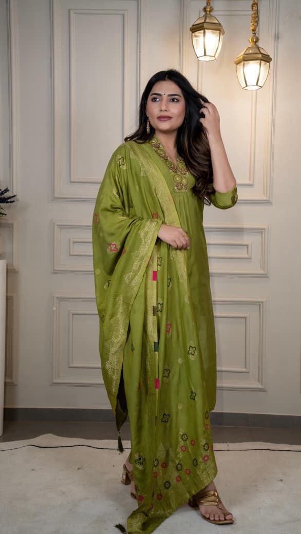 Lorenvalley Fashion Green Roman Silk Embroidery Sequence Work Kurta Pant with Dupatta | Grocsy
