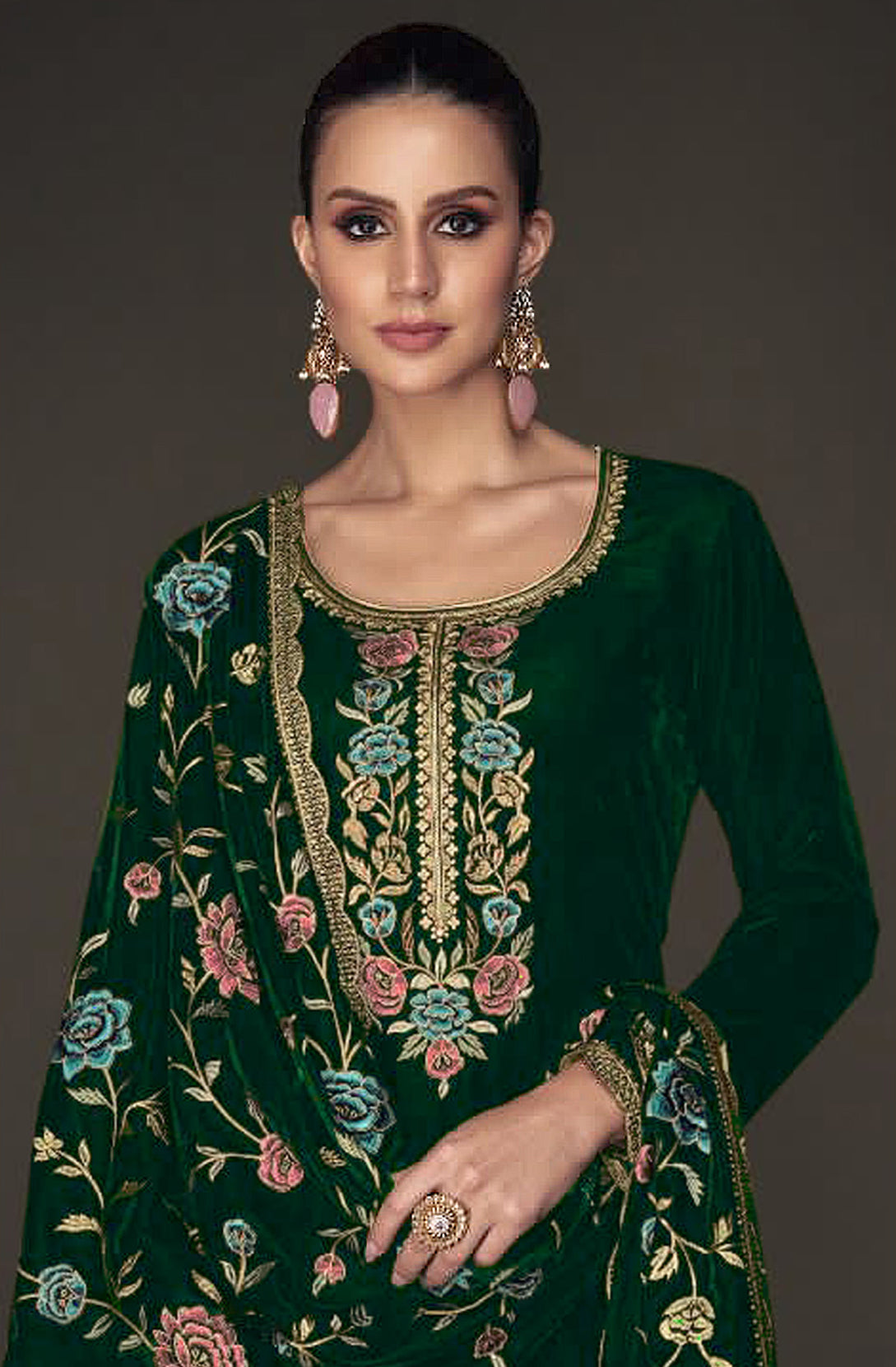 Lorenvalley Fashion Women Green Velvet Embroidered Salwar Suit Material | Grocsy