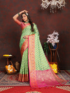 Lorenvalley Fashion Green Organza Silk Woven Design with Rich Meenakari Weaving Pallu Saree | Grocsy