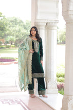 Lorenvalley Fashion Green Velvet with Rich Sequins & Zari Embroidered work Kurta Pant with Dupatta | Grocsy