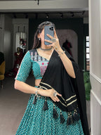 Lorenvalley Green Rayon with Bandhej And Ajarakh Print With Embossed Design Gota Lace Touch up Lehenga Choli | Grocsy