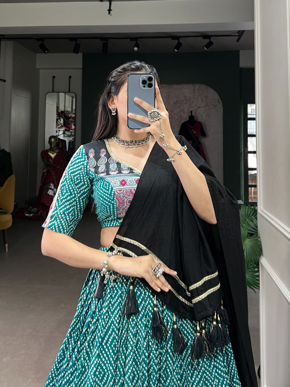 Lorenvalley Green Rayon with Bandhej And Ajarakh Print With Embossed Design Gota Lace Touch up Lehenga Choli | Grocsy