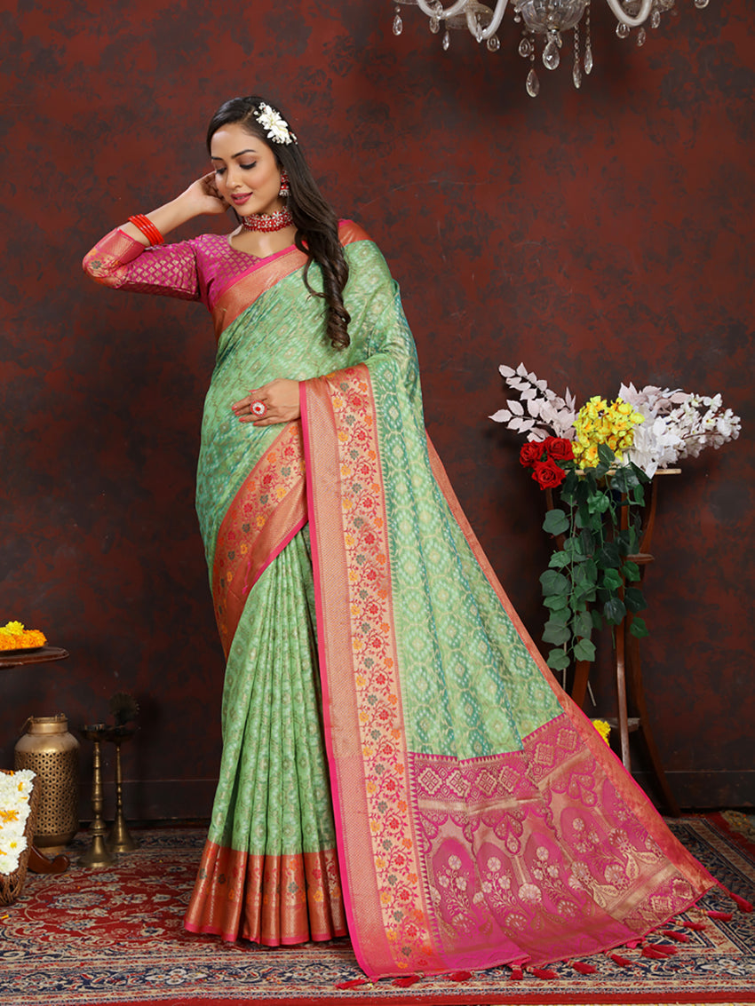 Lorenvalley Fashion Green Organza Silk Woven Design with Rich Meenakari Weaving Pallu Saree | Grocsy