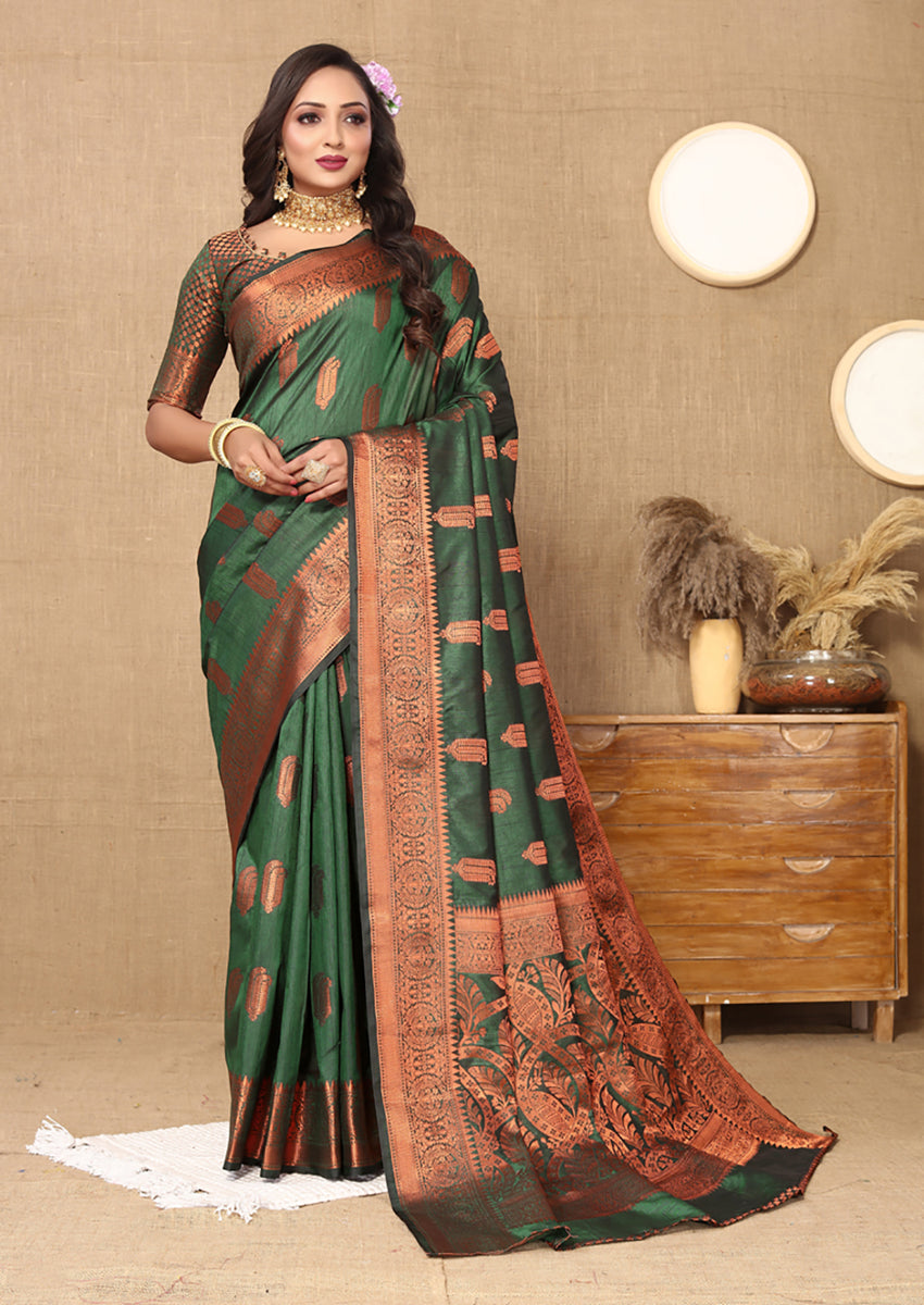 Lorenvalley Fashion Green Soft Katan Silk Woven Design Copper Zari Weaving Saree | Grocsy