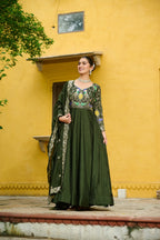 Lorenvalley Fashion Green Vichitra Silk with Multi Thread & Embroidered work Anarkali Gown with Dupatta | Grocsy
