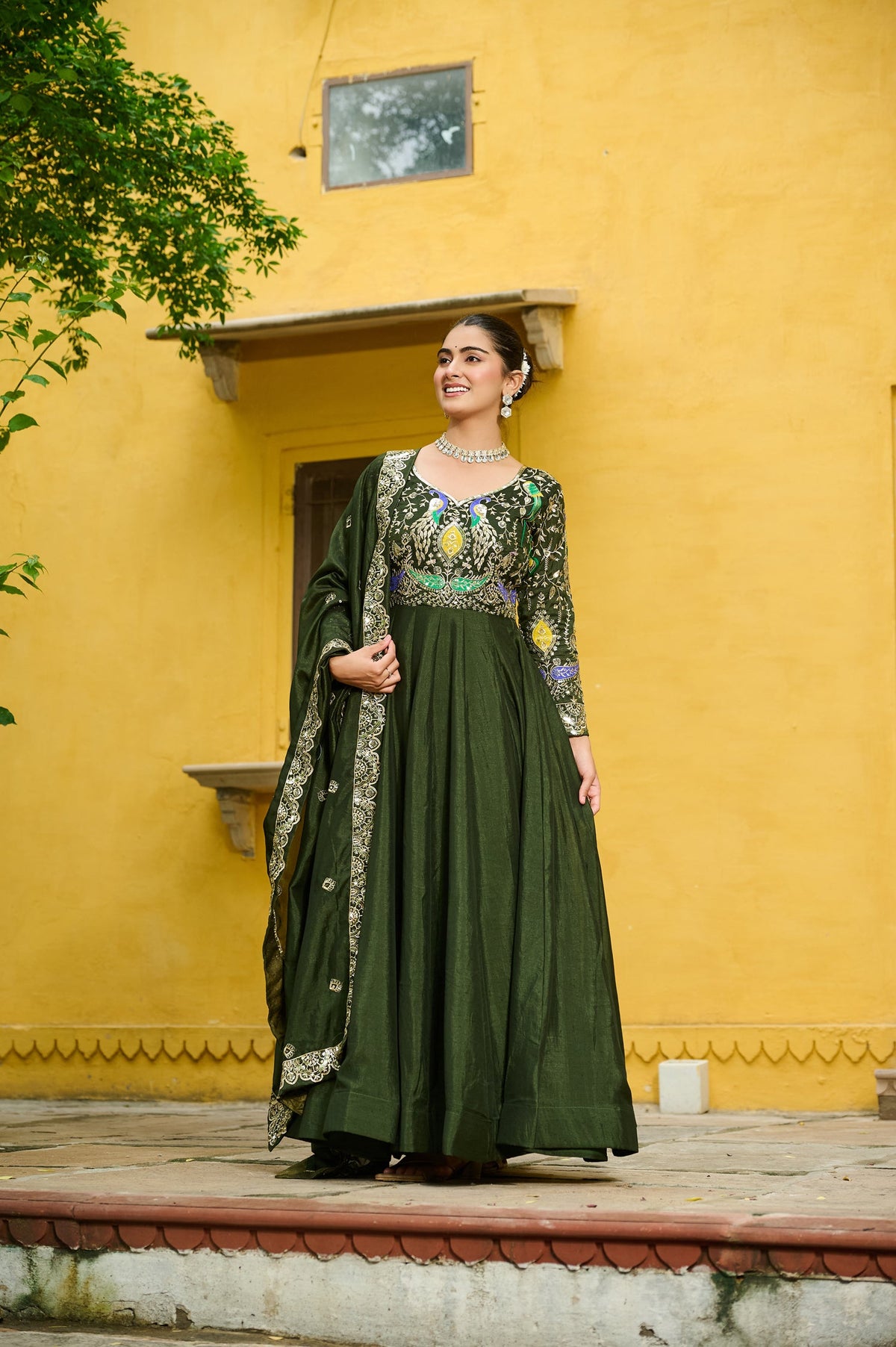 Lorenvalley Fashion Green Vichitra Silk with Multi Thread & Embroidered work Anarkali Gown with Dupatta | Grocsy