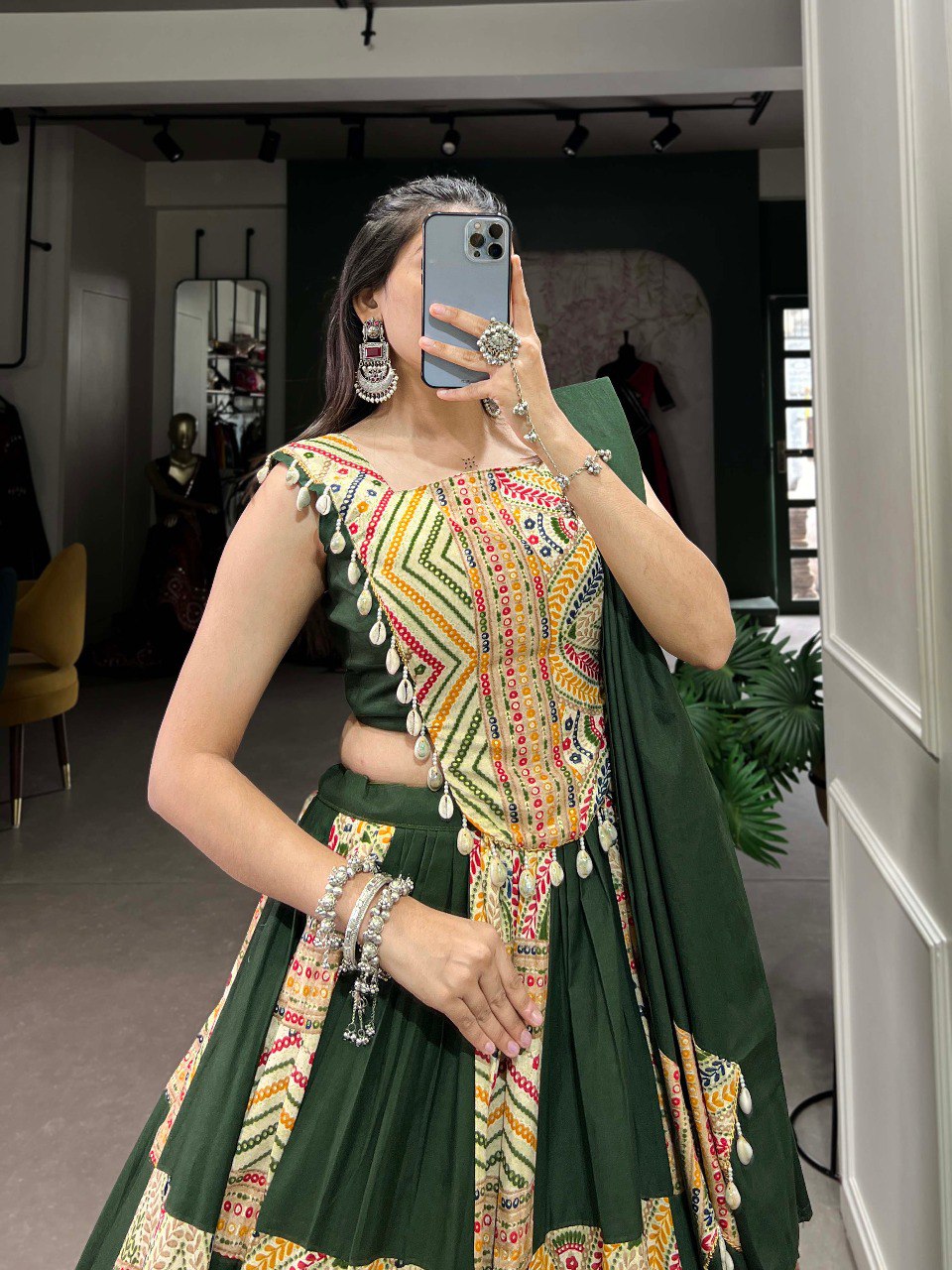 Lorenvalley Green Pure Cotton Plain And Printed With Foil Work Lehenga Choli with Dupatta | Grocsy