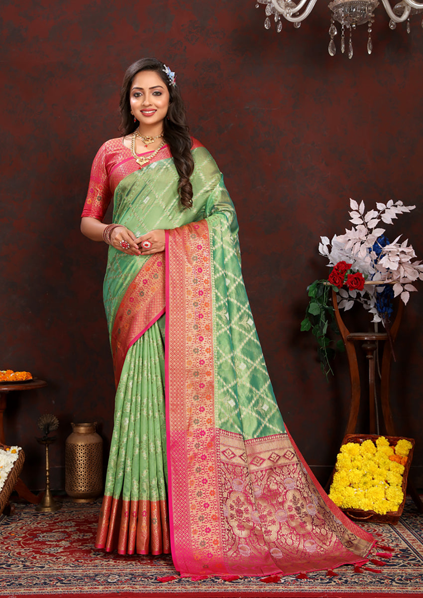 Lorenvalley Fashion Green Organza Silk Woven Design with Rich Meenakari Weaving Pallu Saree | Grocsy