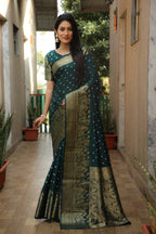 Lorenvalley Premium Pure Handmade Bandhej Kanjivaram silk saree with Zari Weaving Rich Pallu saree - Green | Grocsy