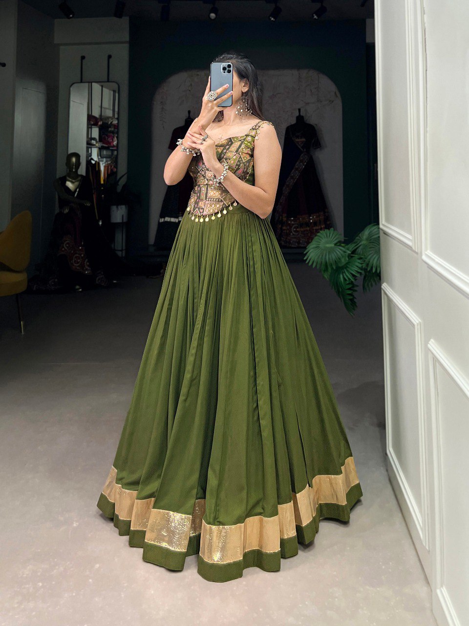 Lorenvalley Green Pure Rayon Plain With Embossed Design Lace Touch Up Lehenga Choli | Grocsy