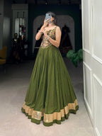 Lorenvalley Green Pure Rayon Plain With Embossed Design Lace Touch Up Lehenga Choli | Grocsy